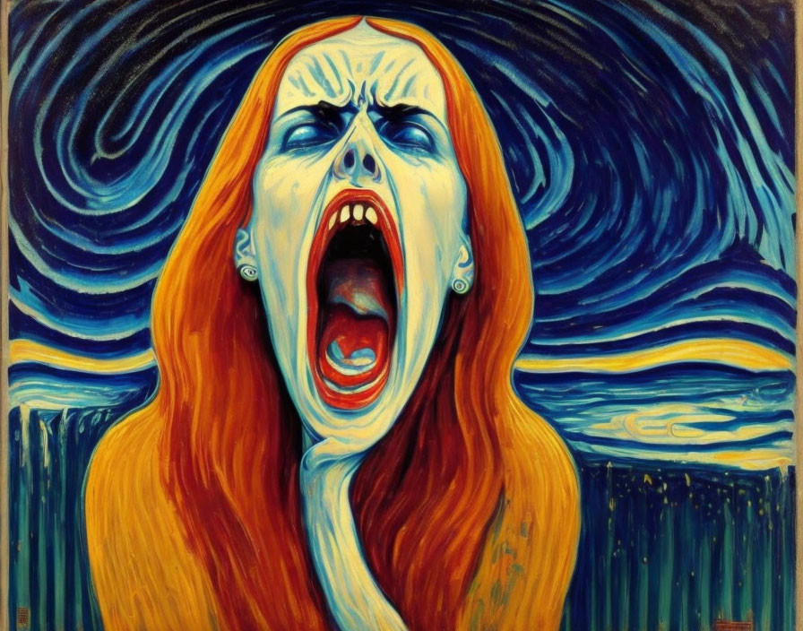 Red-haired person screams in front of swirling blue skies and green landscape