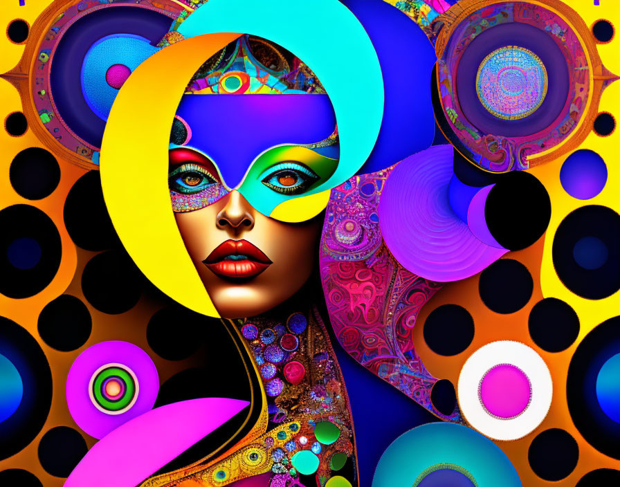 Vibrant surrealistic digital artwork of stylized woman with geometric shapes