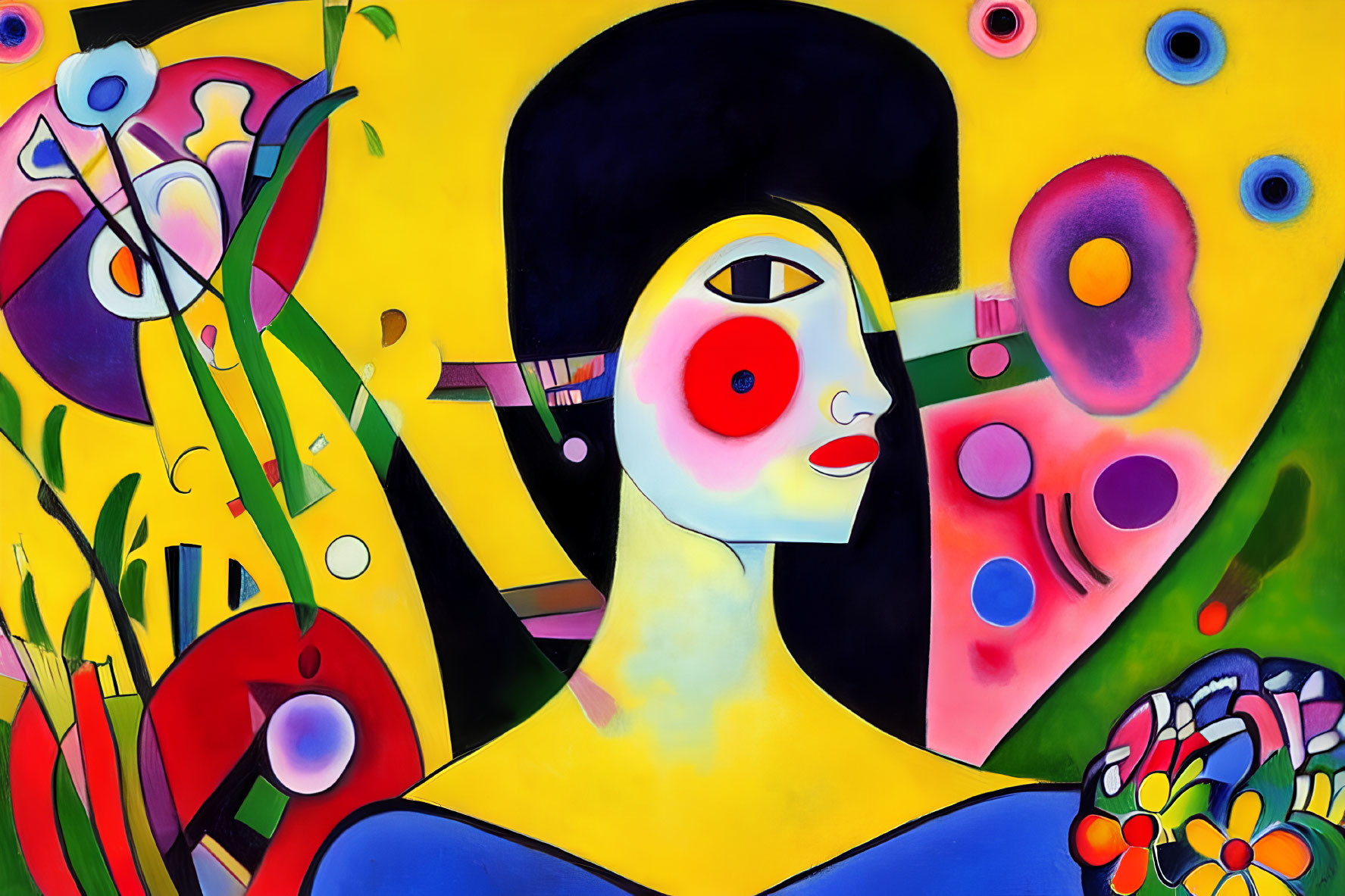 Vibrant Abstract Painting with Stylized Female Figure and Floral Motifs
