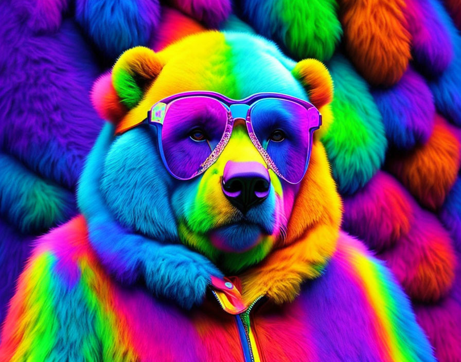 Colorful Rainbow Bear with Sunglasses and Jacket on Textured Background
