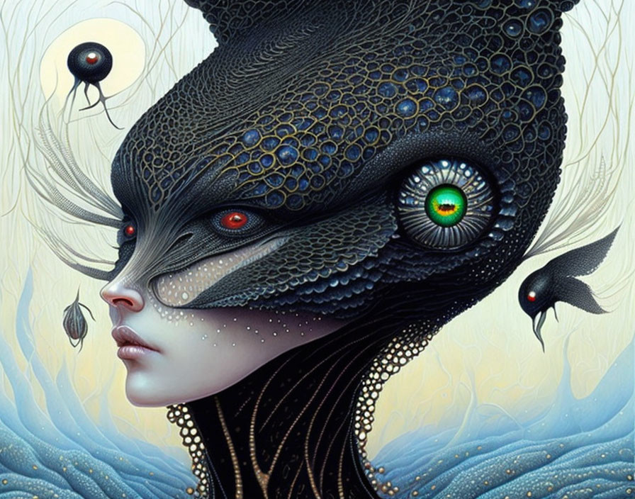 Woman's face merges with peacock motif in surreal artwork