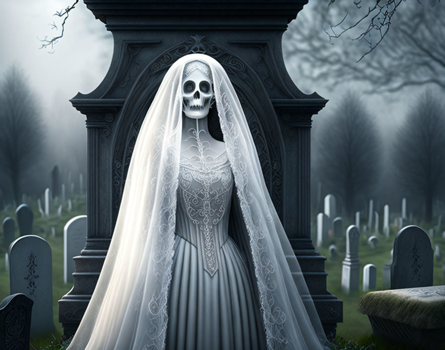 Skeletal bride in lace wedding gown in foggy graveyard