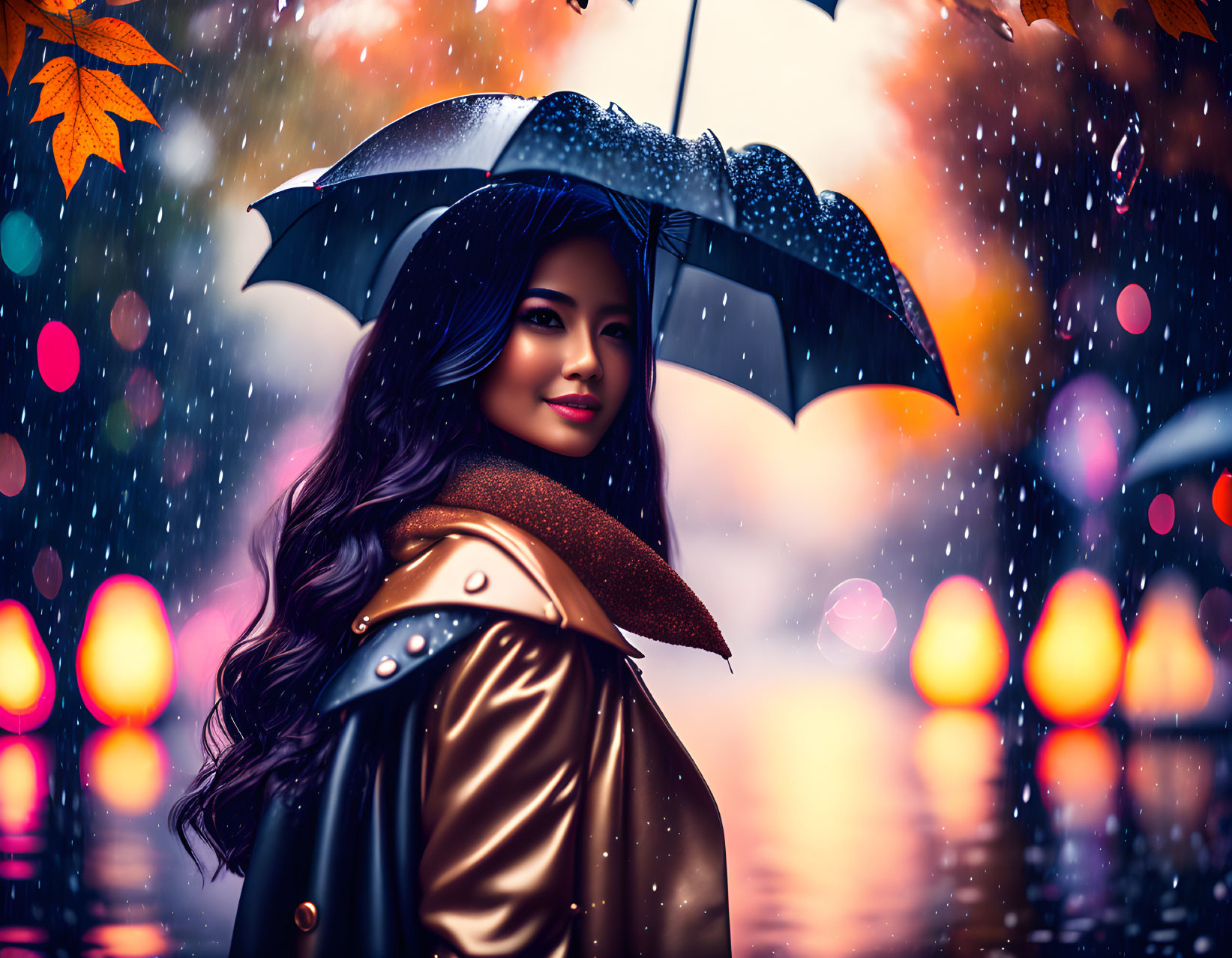 Woman Smiling with Umbrella in Colorful Rainy Scene