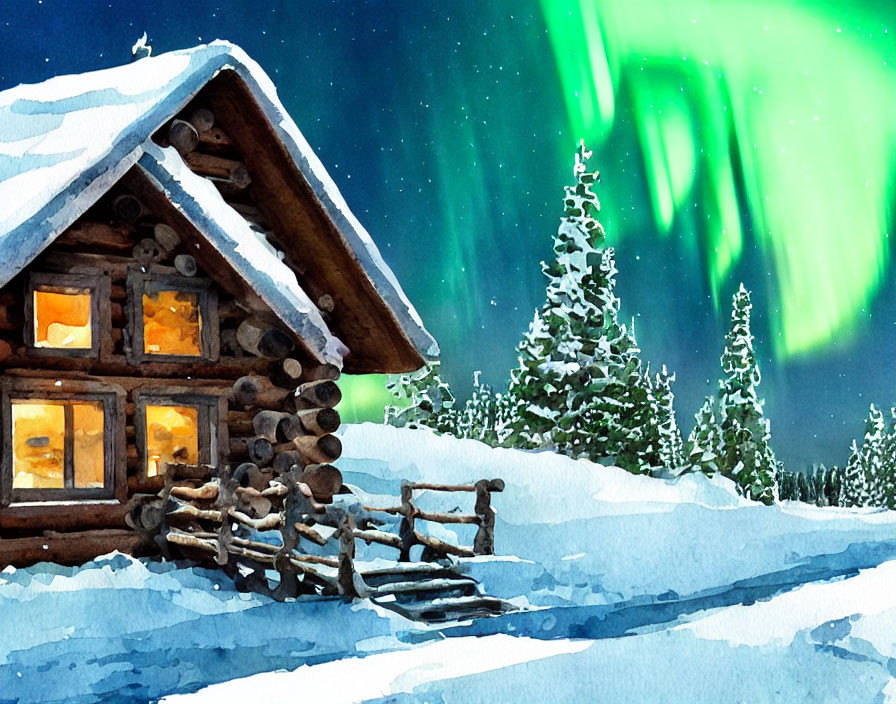 Snowy log cabin under starry sky with Northern Lights
