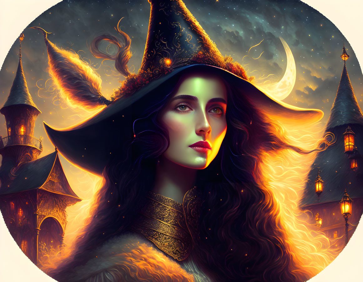 Fantasy illustration of woman with witch's hat and luminous eyes in magical setting