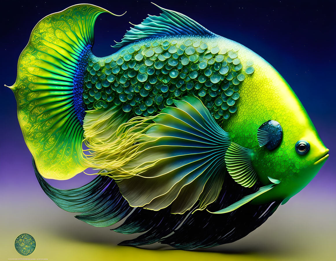 Colorful digital artwork: Fantastical fish in emerald and lemon-yellow hues