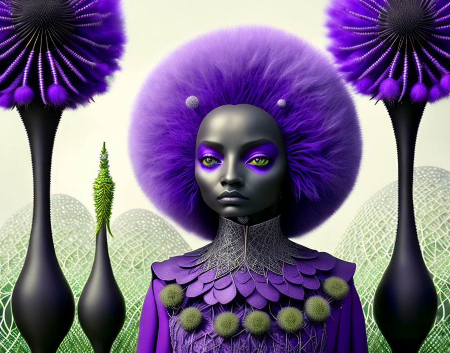 Purple-skinned figure with elaborate collar and vibrant hairpiece in surreal portrait.