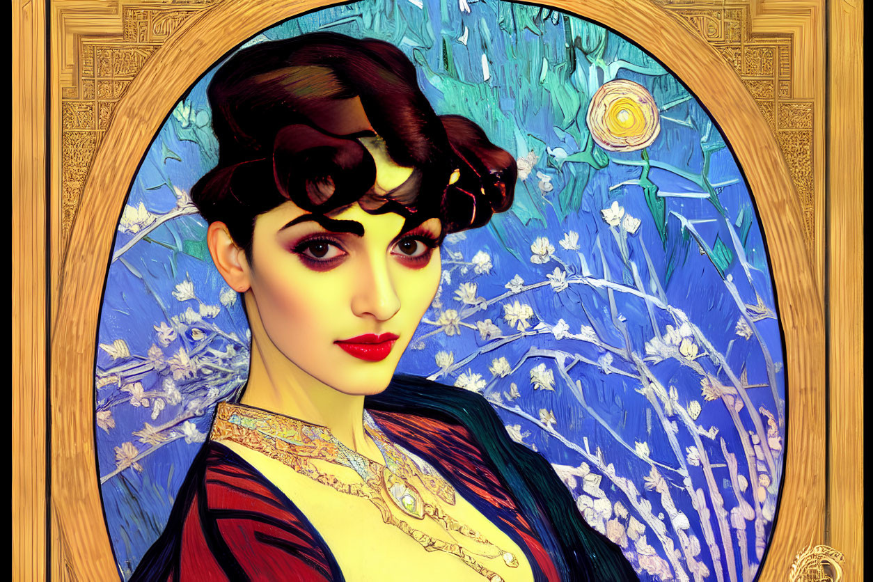 Vintage-inspired woman portrait in Van Gogh-style setting with ornate golden frame