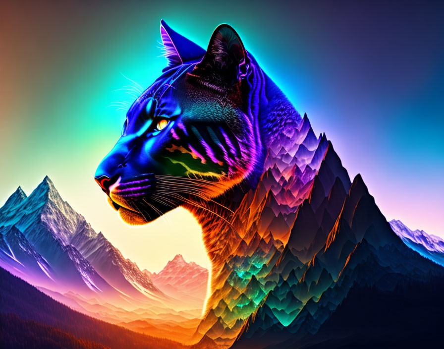 Colorful digital artwork: Tiger head merging with sunset landscape