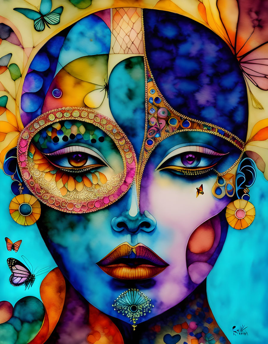 Vibrant Abstract Portrait of a Woman with Butterflies