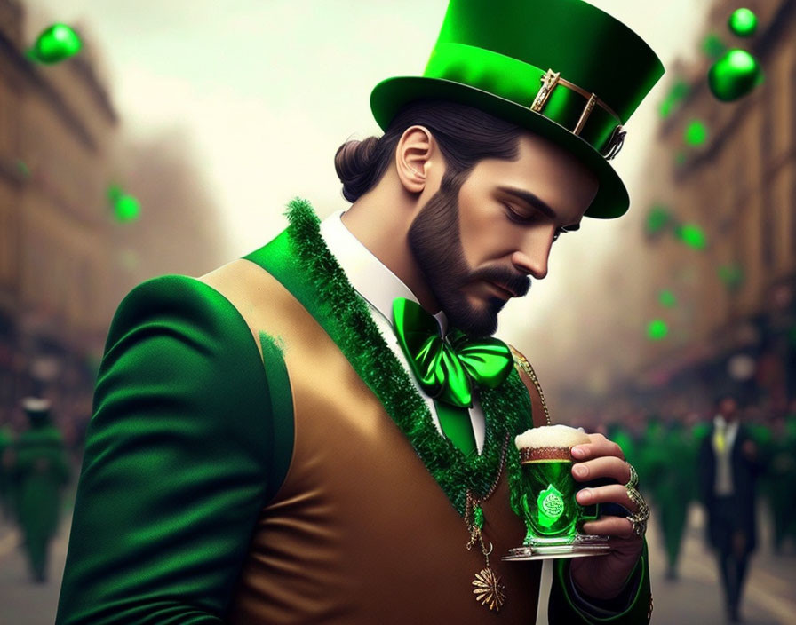 Man in St. Patrick's Day themed attire holding green beer mug