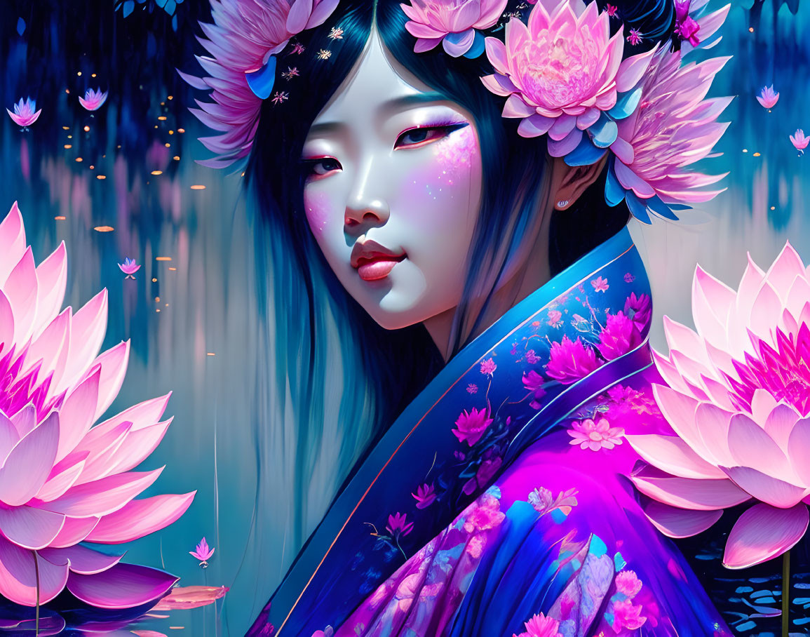 Digital illustration: Woman with glowing makeup and pink flowers, vibrant lotus blossoms on mystical blue backdrop