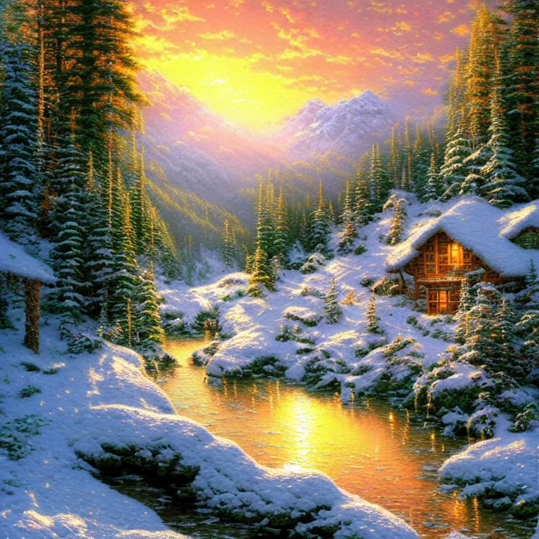 Snowy forest cabin by river with mountains at sunset