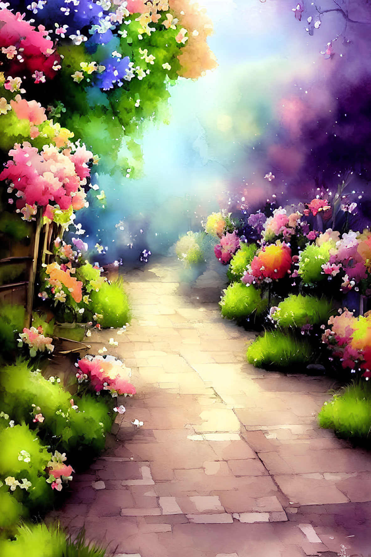 Serene garden path with vibrant flowers in watercolor style