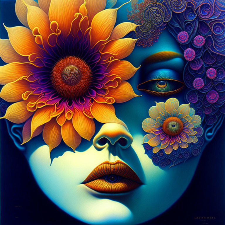 Colorful surreal face with floral patterns and sunflower eye in artwork