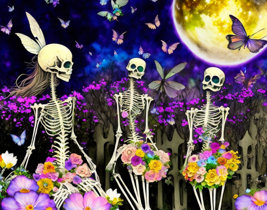 Colorful Flower-Adorned Skeletons in Purple Flora Under Full Moon