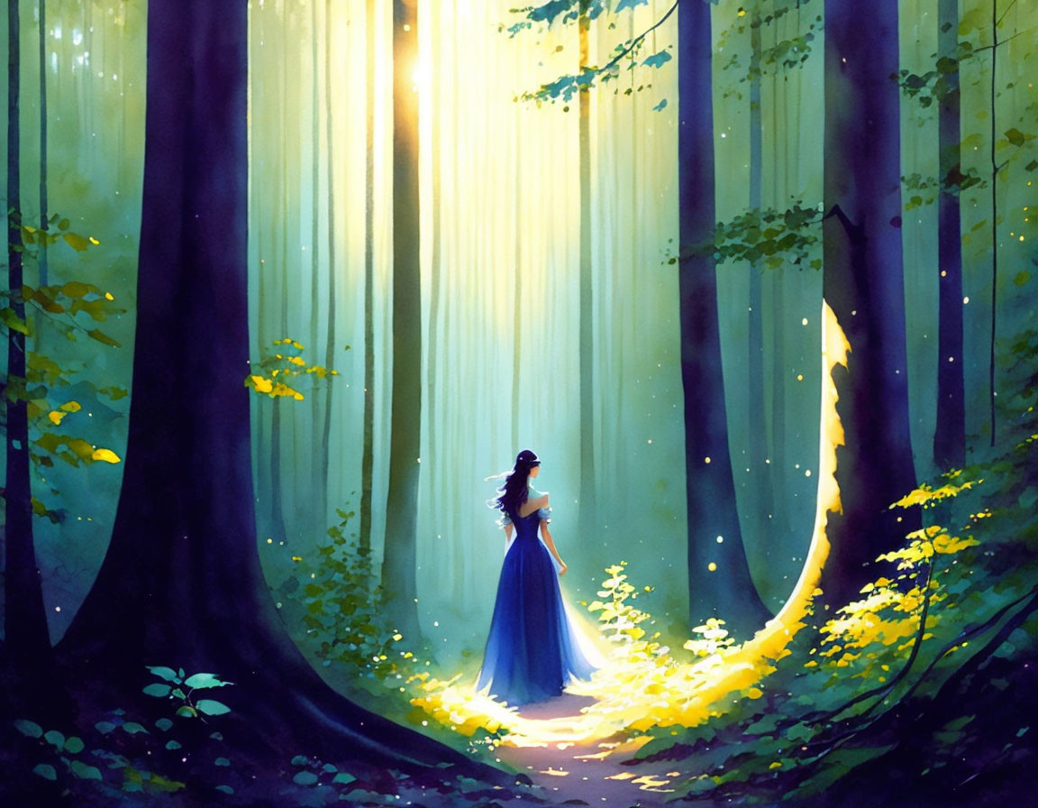 Woman in Blue Gown Standing in Sunlit Forest Clearing