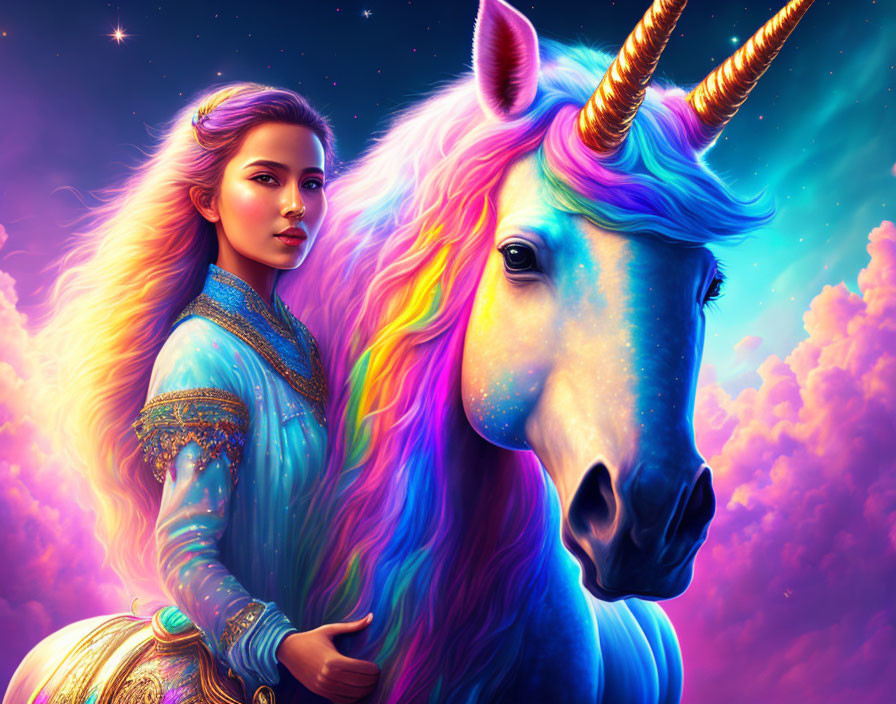 Woman in ornate blue outfit with mythical unicorn under starry sky