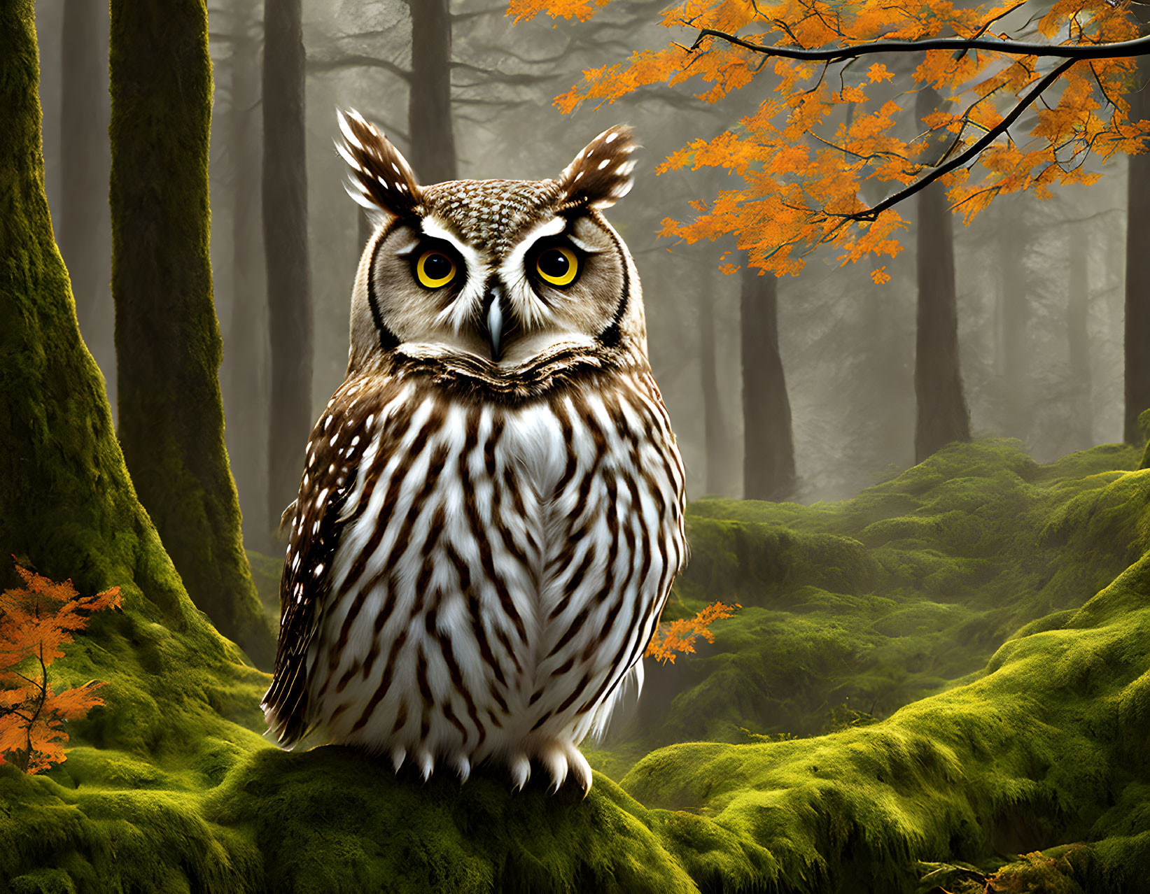 Majestic owl with yellow eyes in misty forest setting