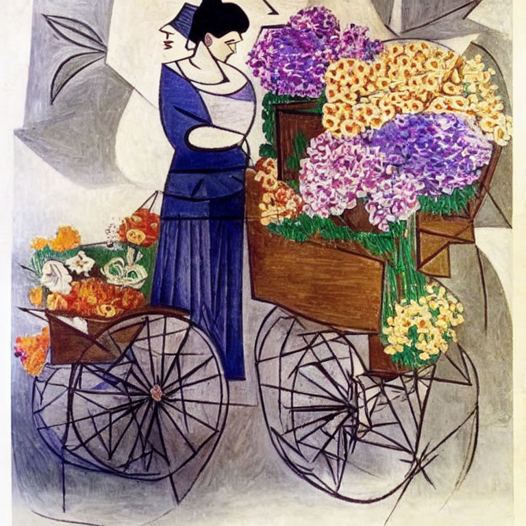 Portrait of Woman by Flower Cart Against Abstract Background