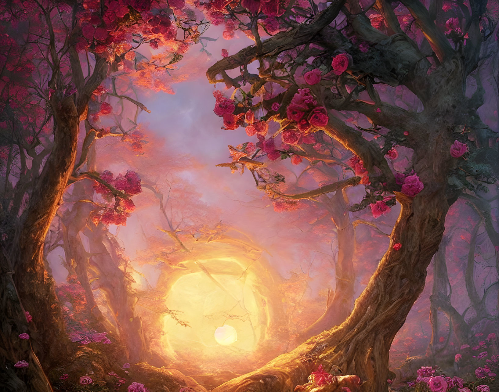 Twisted trees and pink flowers in a glowing forest clearing