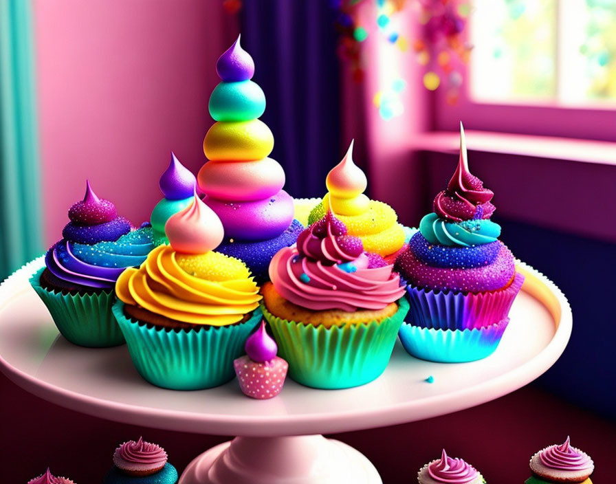 Colorful Cupcakes with Multi-Layered Frosting on White Stand