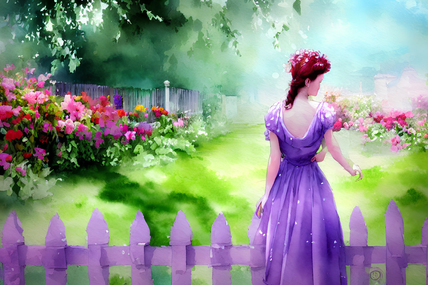 Woman in purple dress with flowers in hair by white picket fence in vibrant garden