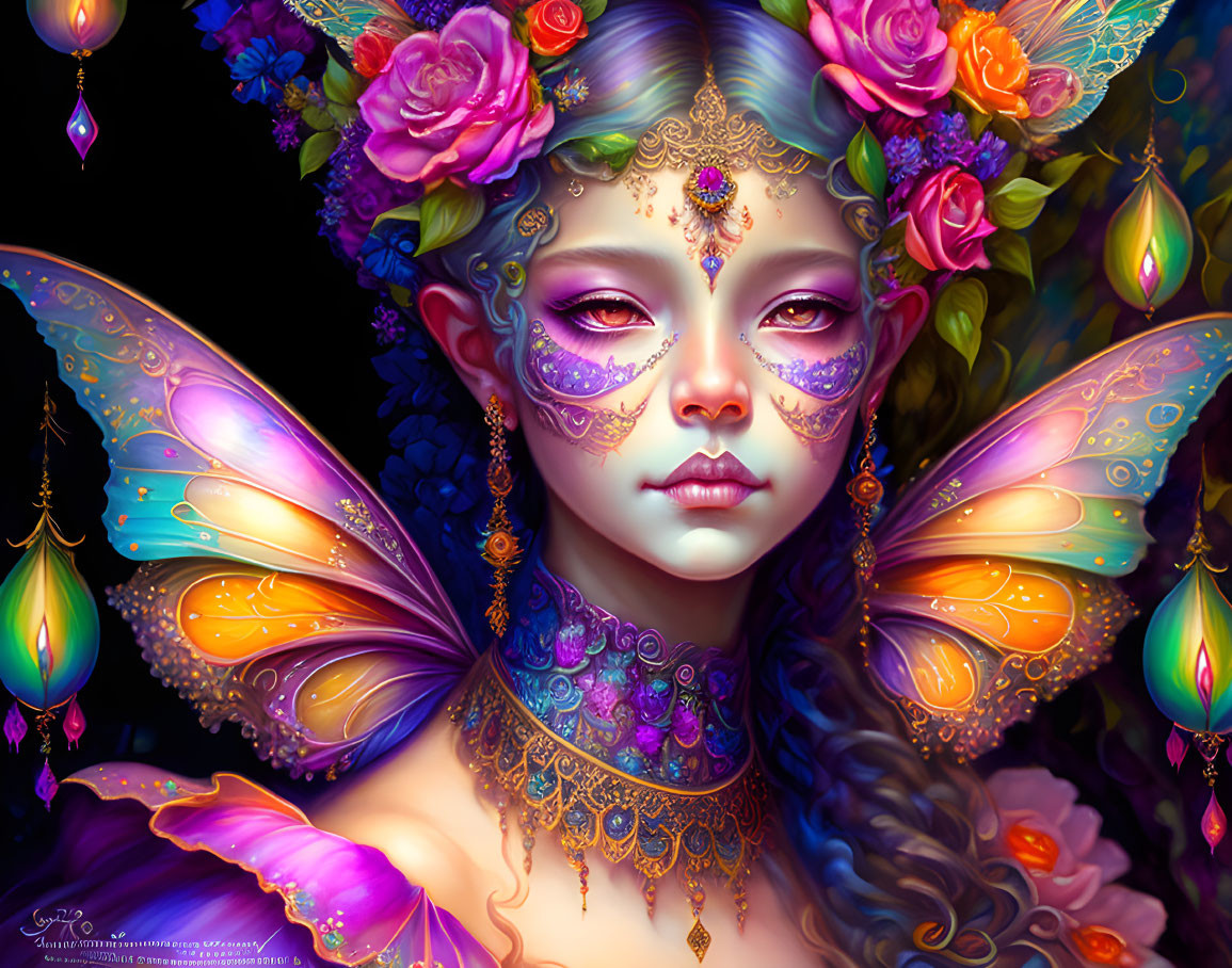 Colorful Fairy Illustration with Butterfly Wings and Floral Accessories