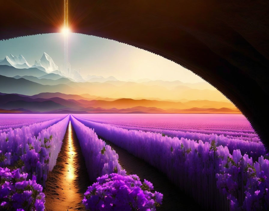 Scenic pathway through purple flower field to city skyline at sunset