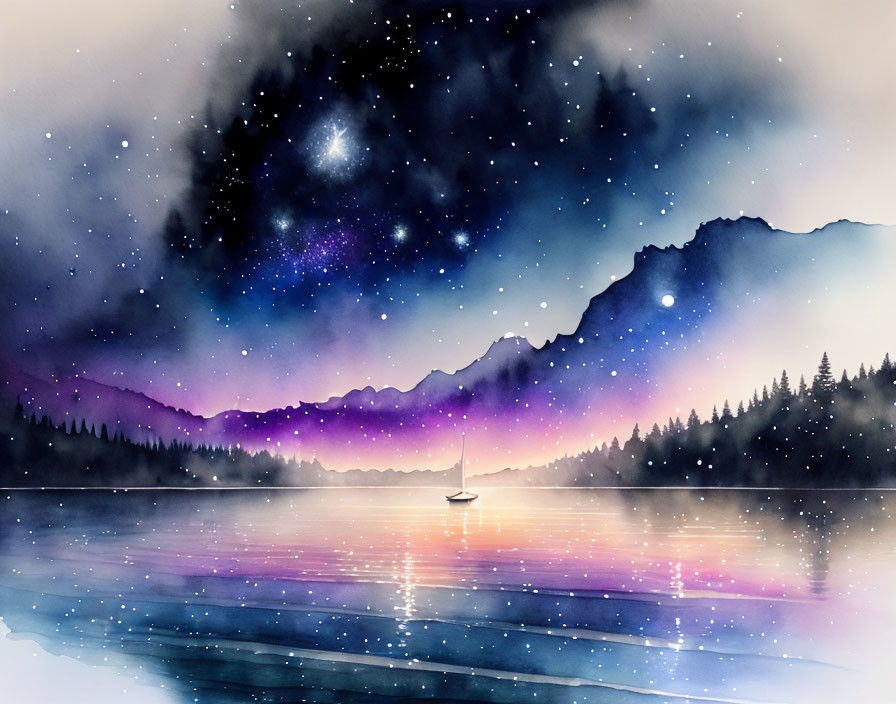 Starry Night Sky Watercolor Painting with Lake, Sailboat, Mountains, Trees