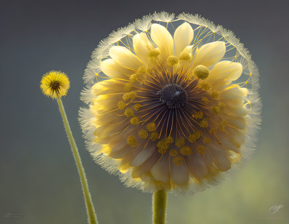 Detailed illustration of blooming and budding dandelion-like flowers on grey background