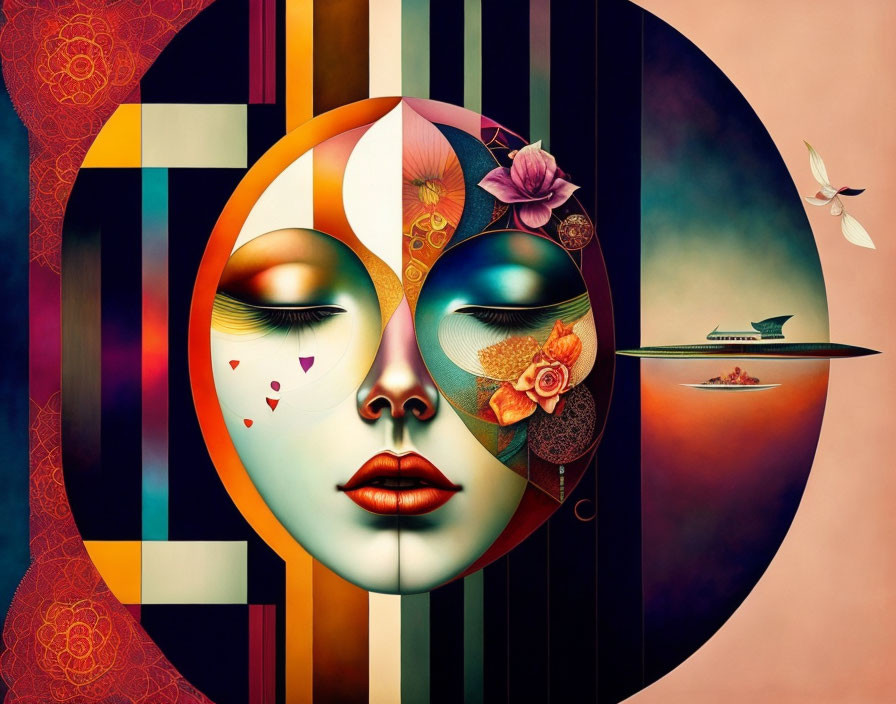 Vibrant surrealistic artwork: split female face with floral and geometric elements