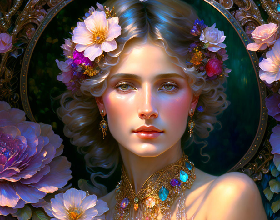 Digital portrait of a woman with floral hair adornments and intricate jewelry in a fantasy setting.