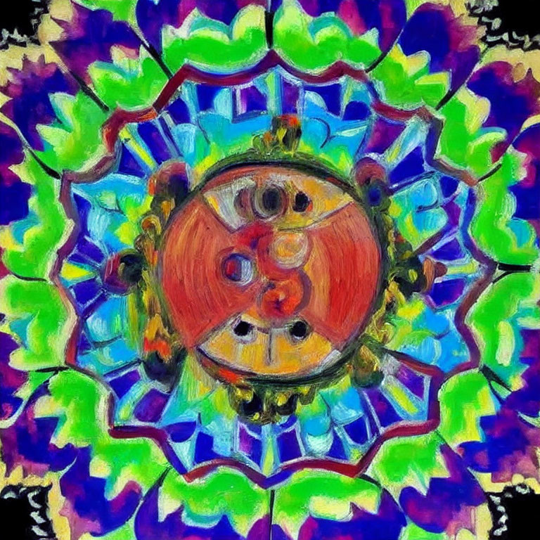 Colorful Kaleidoscopic Pattern with Central Orange Motif