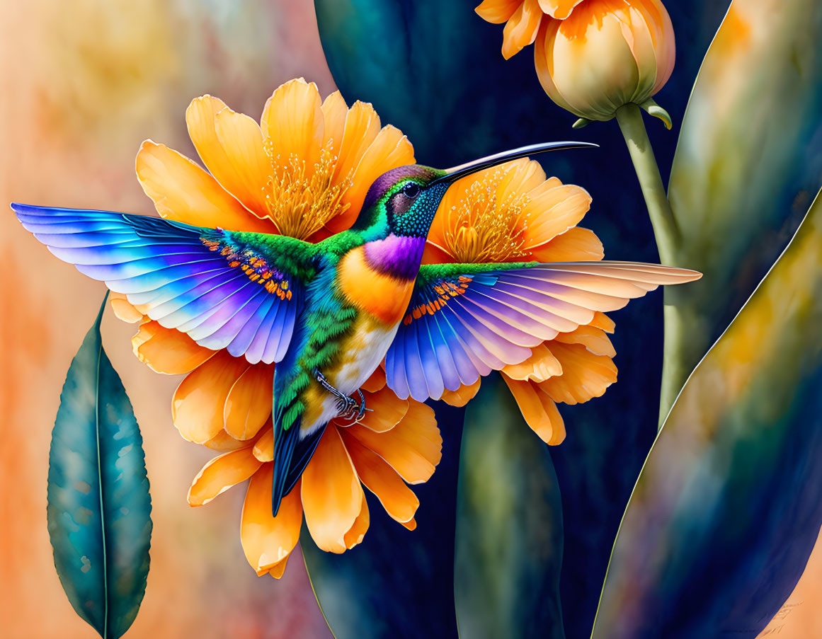 Colorful hummingbird hovering over orange flowers on textured backdrop