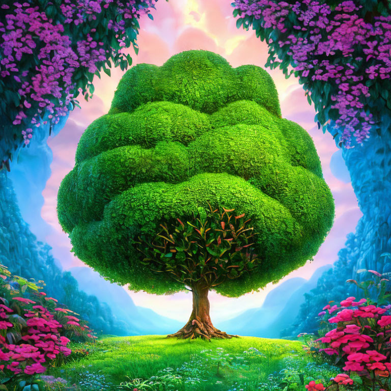 Colorful illustration of lush oversized tree in mystical forest