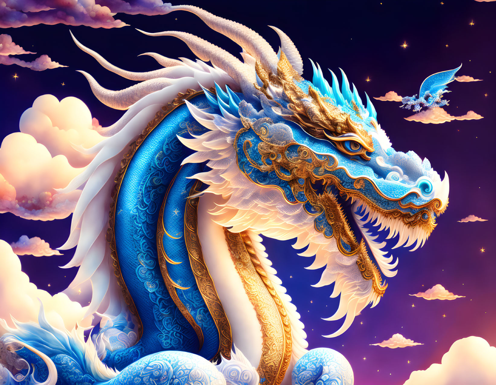 Blue and White Dragon with Detailed Scales in Purple Starry Sky