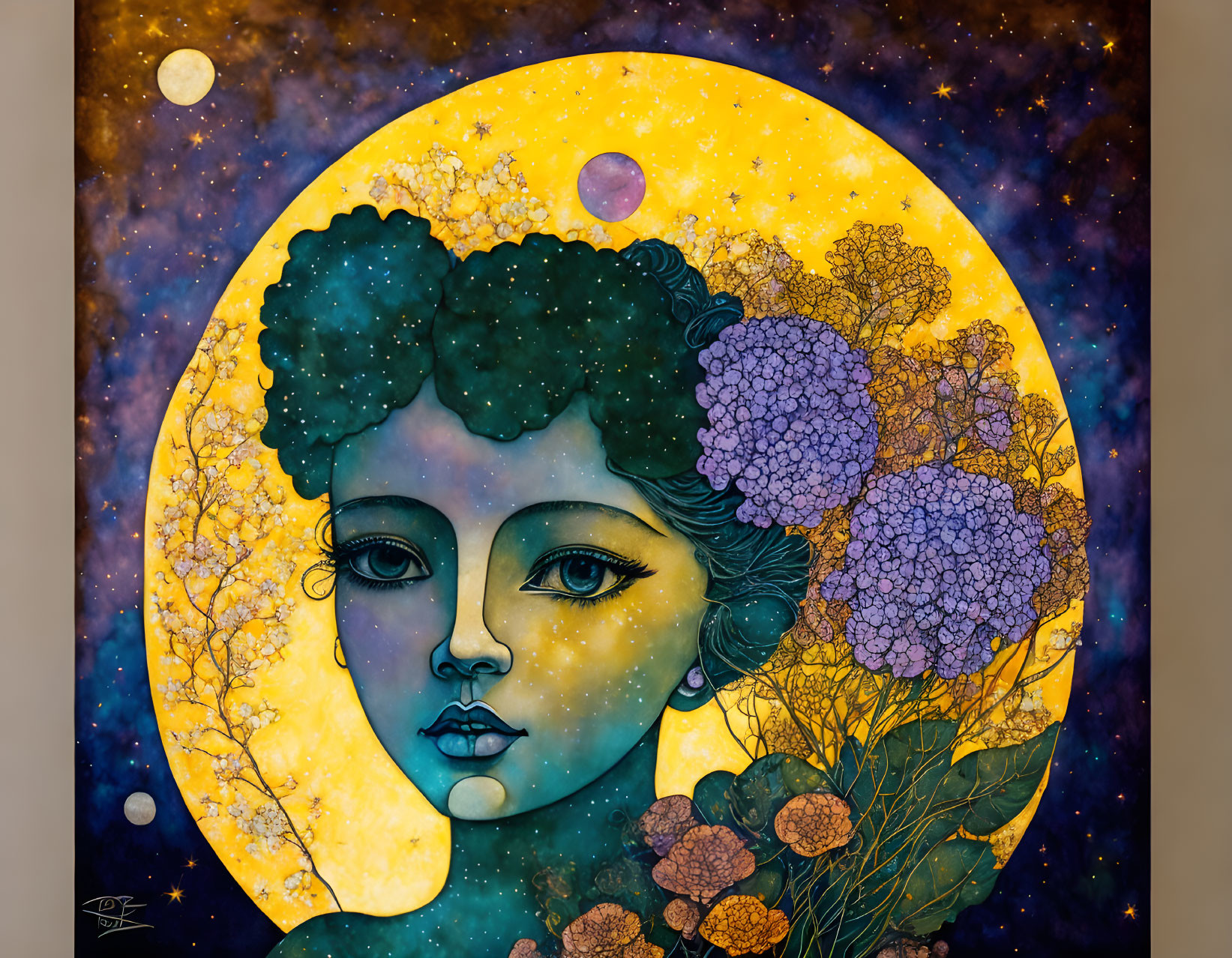 Vibrant female figure with cosmic backdrop and floral motifs