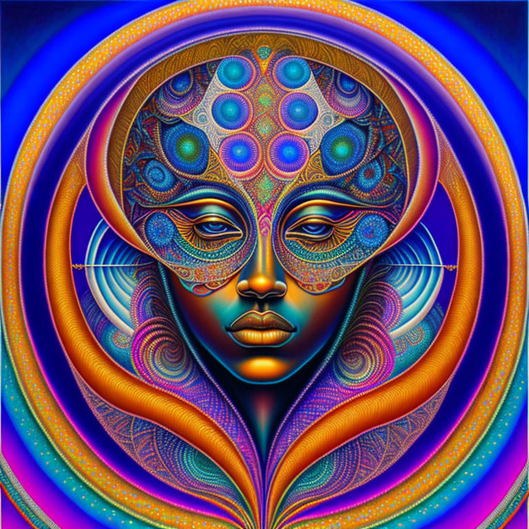 Symmetrical psychedelic face portrait with vibrant colors