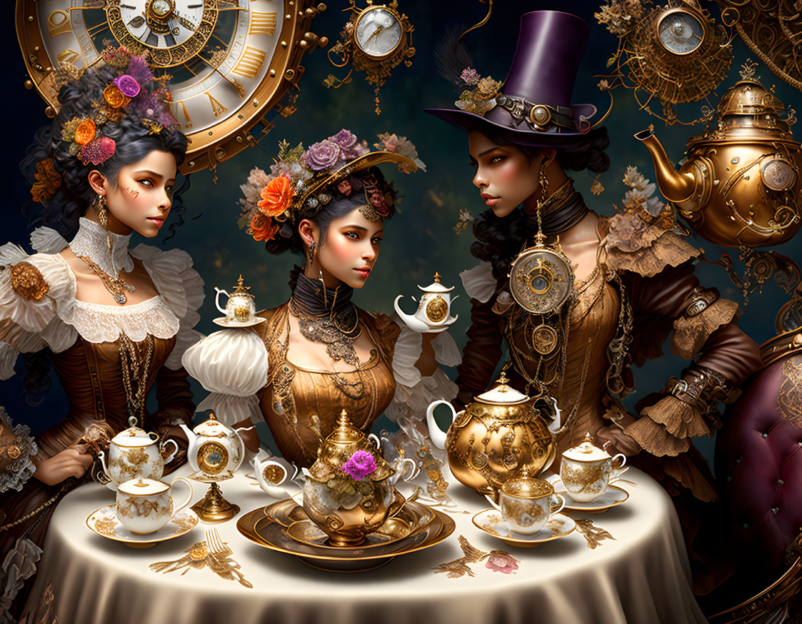 Three Women in Steampunk Victorian Attire with Teapots and Clocks