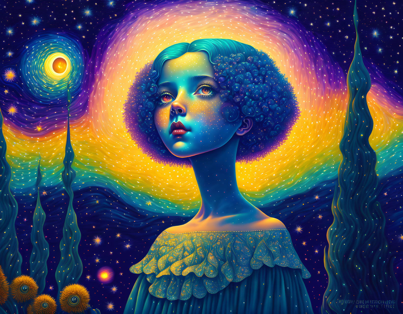 Young woman with blue skin and cosmic background.