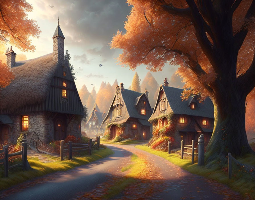 Scenic village with thatched-roof cottages and autumn trees.