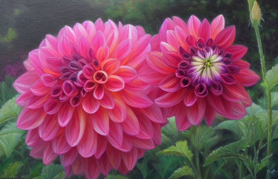 Vibrant Pink Dahlias with Green Leaves on Dark Background
