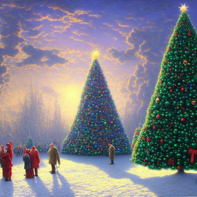 Vibrant sunset colors over snowy Christmas tree scene with bundled people