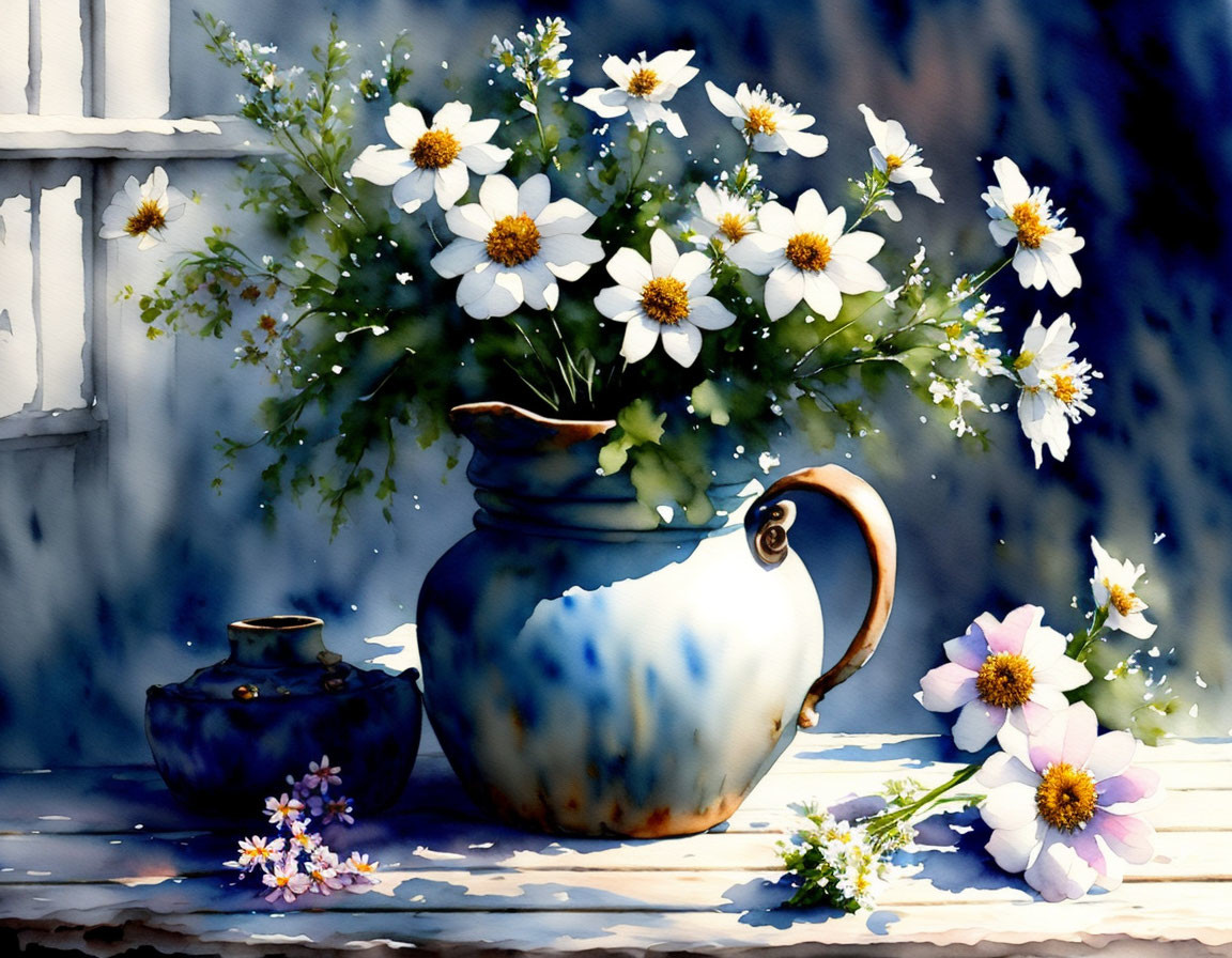 Blue Ceramic Pitcher with Daisy-like Flowers in Watercolor Painting