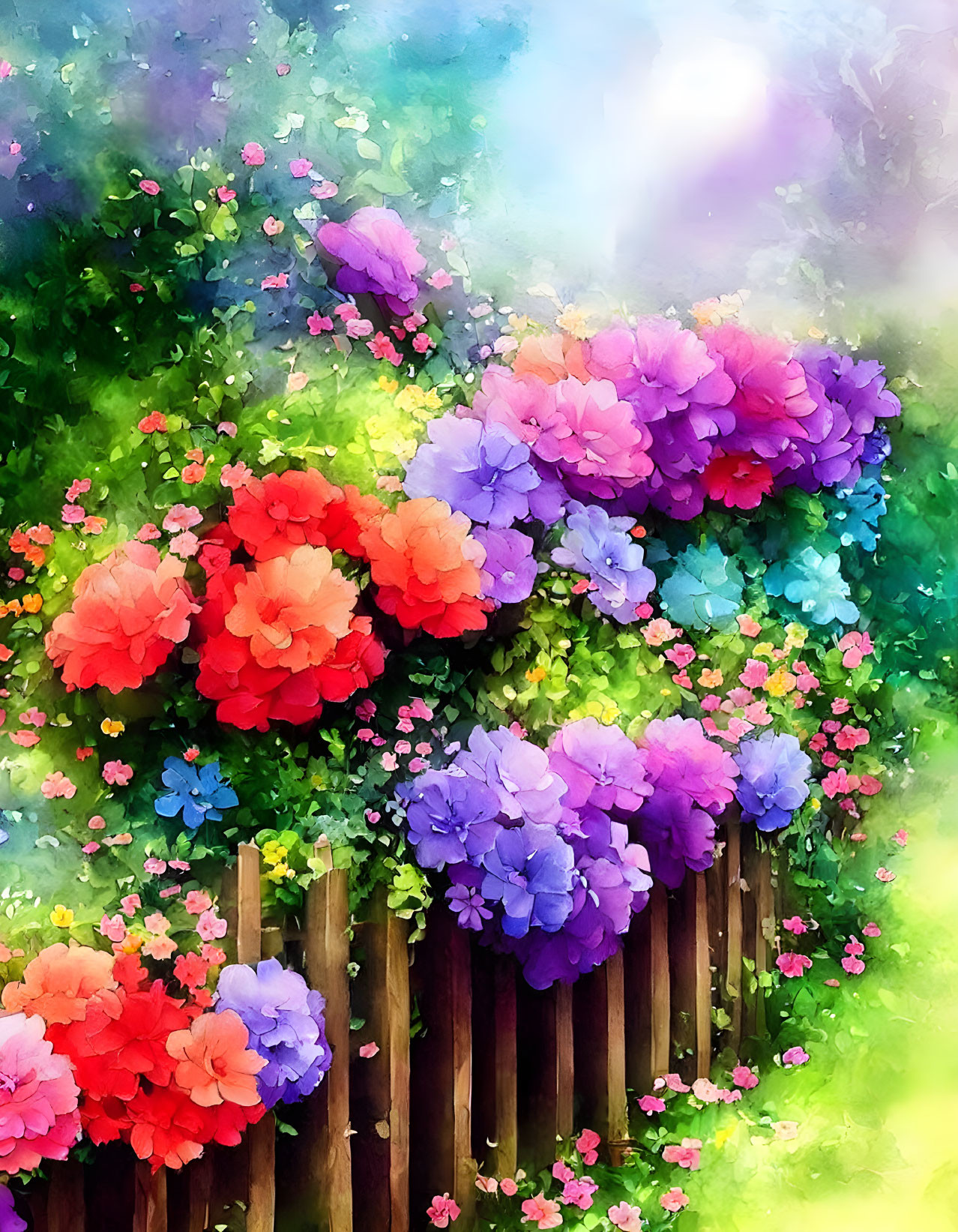 Colorful Impressionistic Painting of Blooming Flowers Against Wooden Fence