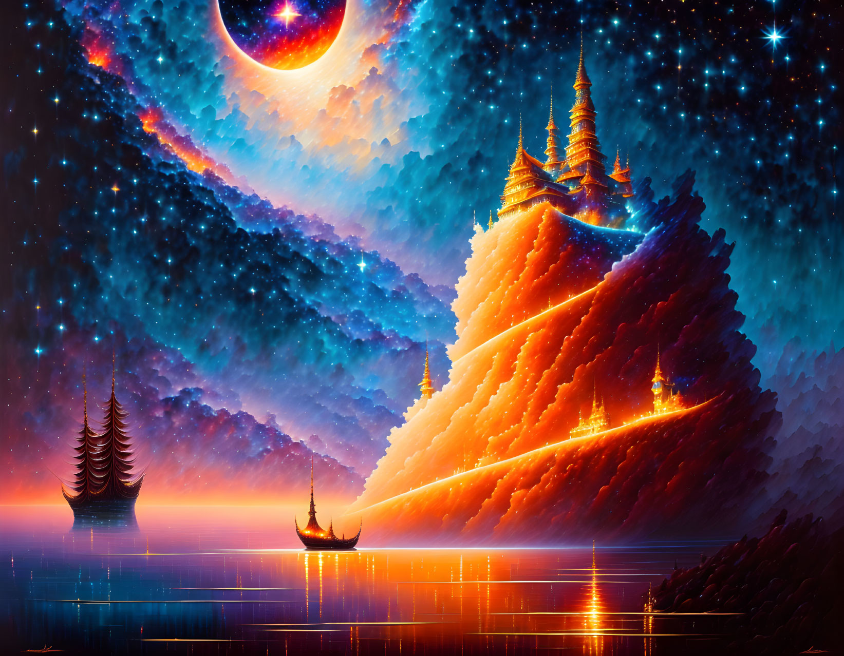 Fantastical digital artwork: celestial body, ornate temples, illuminated paths, reflective water, boat