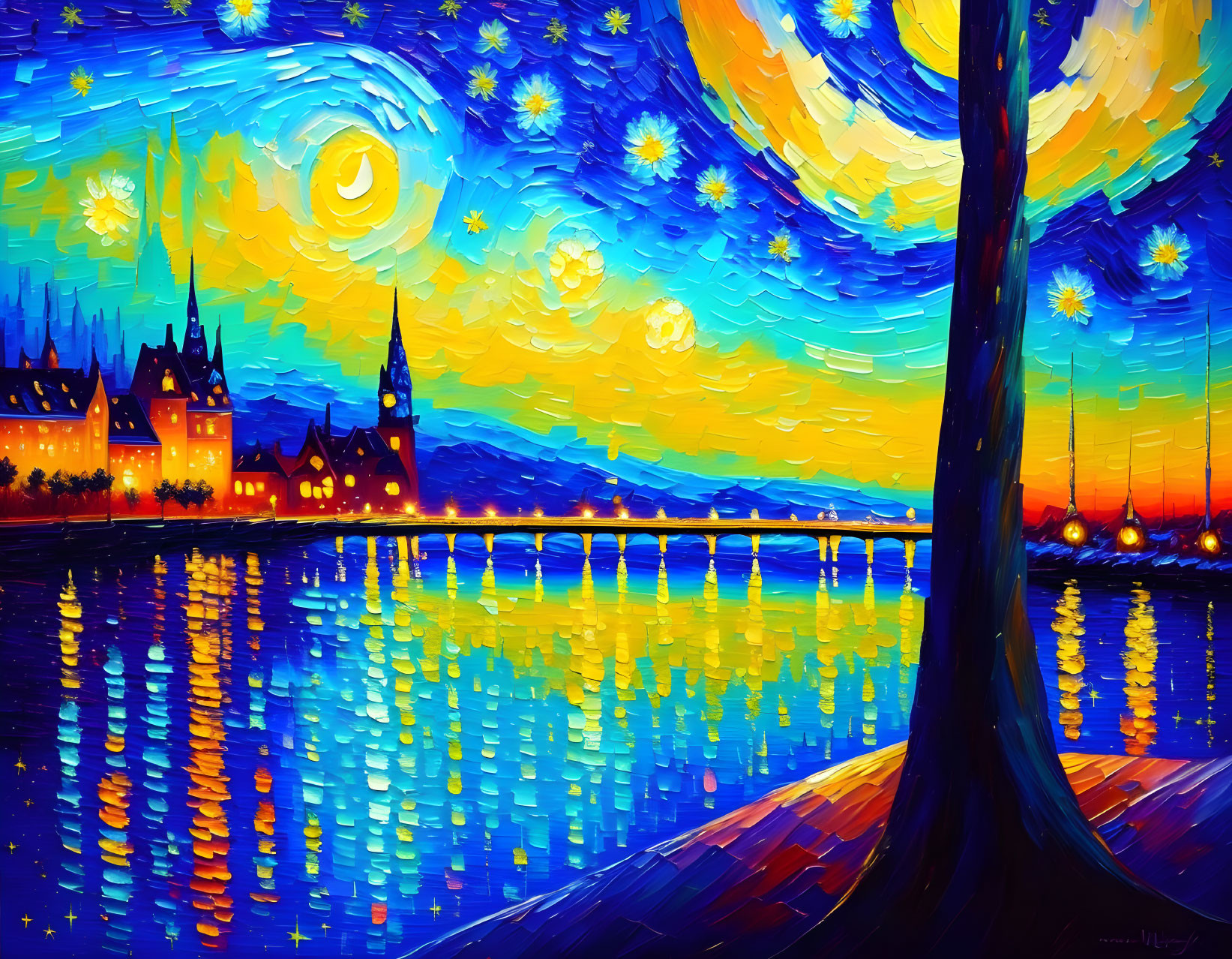 Starry night sky painting with swirling clouds over town and river