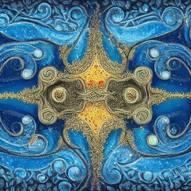 Symmetrical fractal pattern with gold and blue swirls on luminescent backdrop