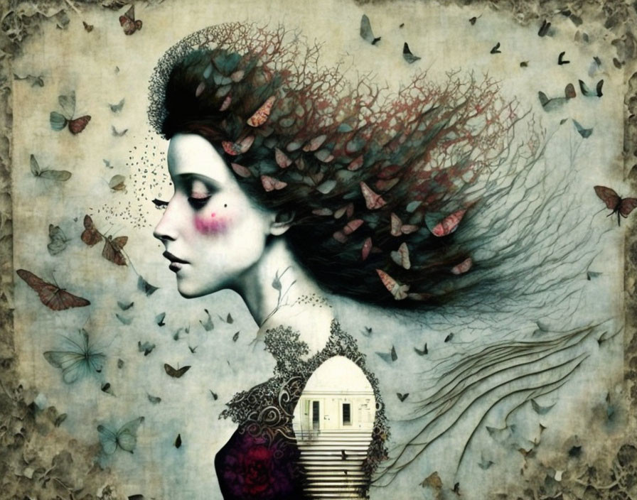 Woman profile with butterfly hair in whimsical landscape.